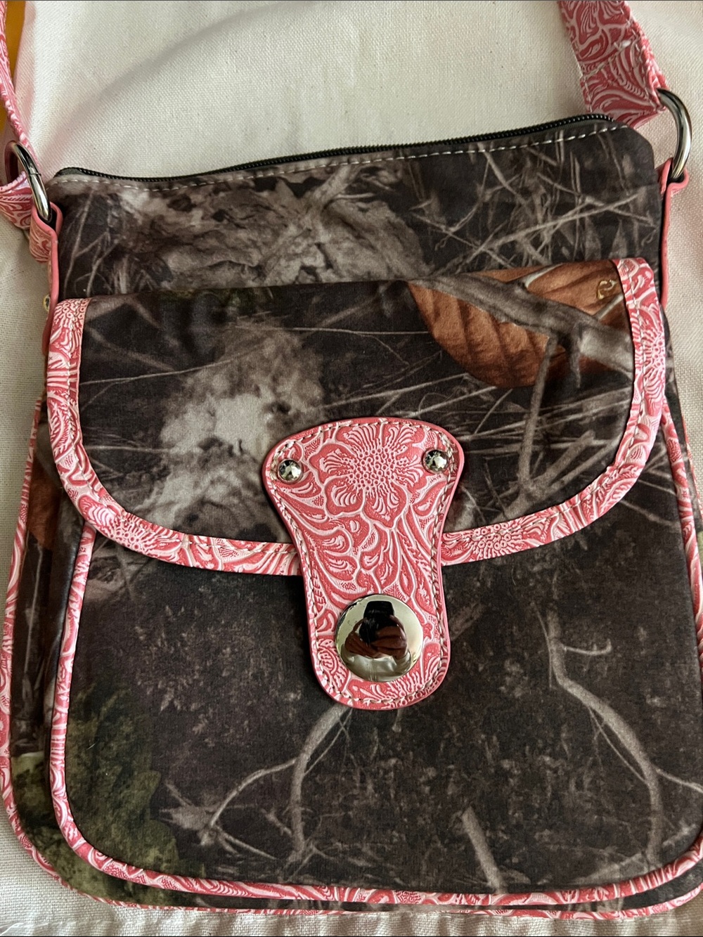 Camouflage Crossbody Bag with Pink Floral Trim with dust bag